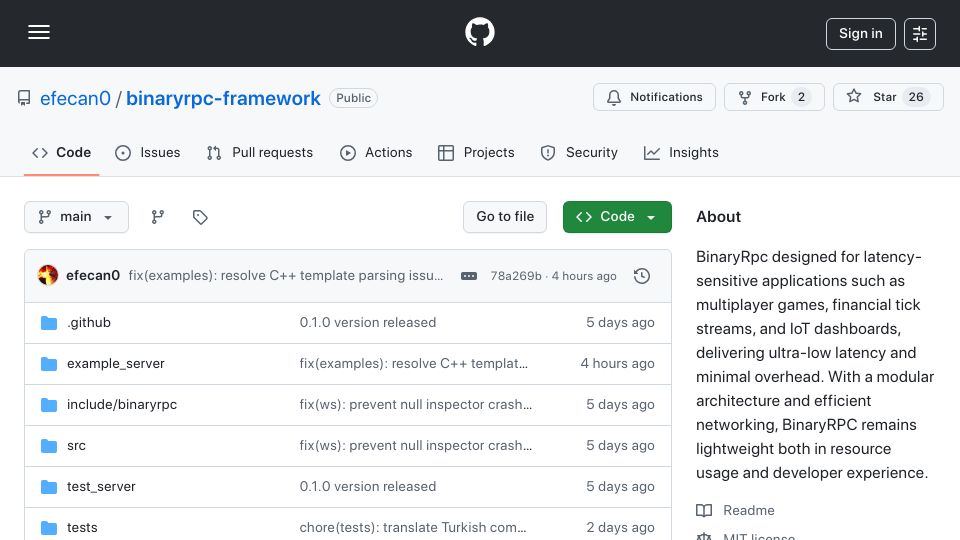 Screenshot of github.com: Show HN: BinaryRPC – Lightweight WebSocket-based RPC framework in modern C++