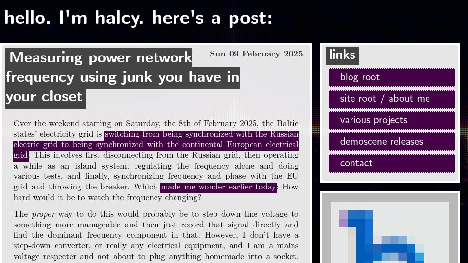 Screenshot of halcy.de: Measuring power network frequency using junk you have in your closet