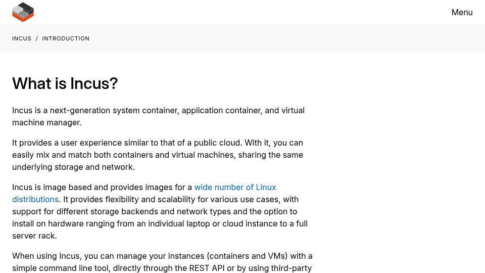 Screenshot of linuxcontainers.org: Incus – Next-generation system container, application container, and VM manager