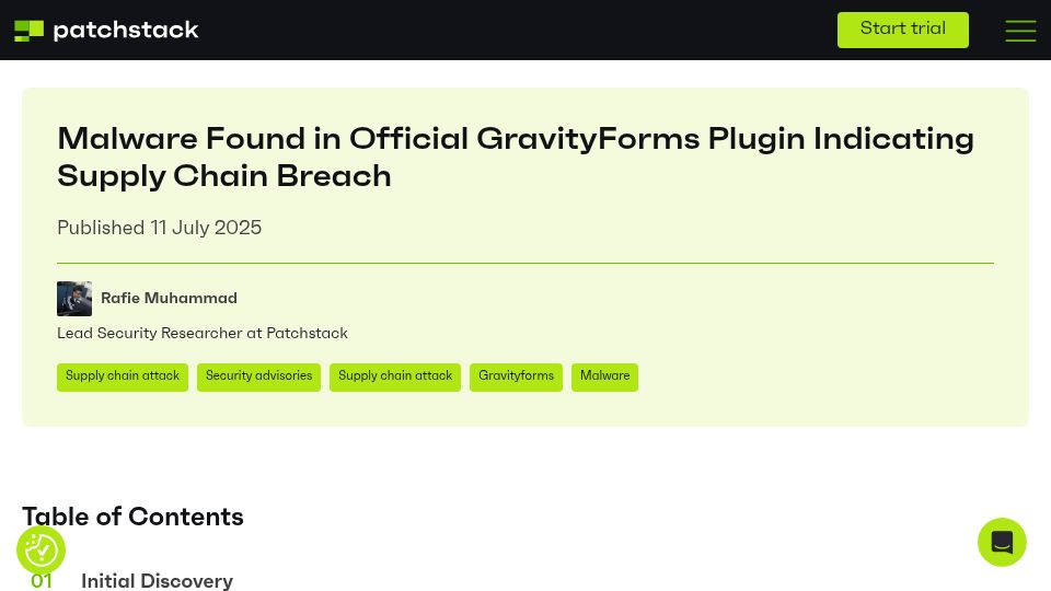 Screenshot of patchstack.com: Malware found in official gravityforms plugin indicating supply chain breach