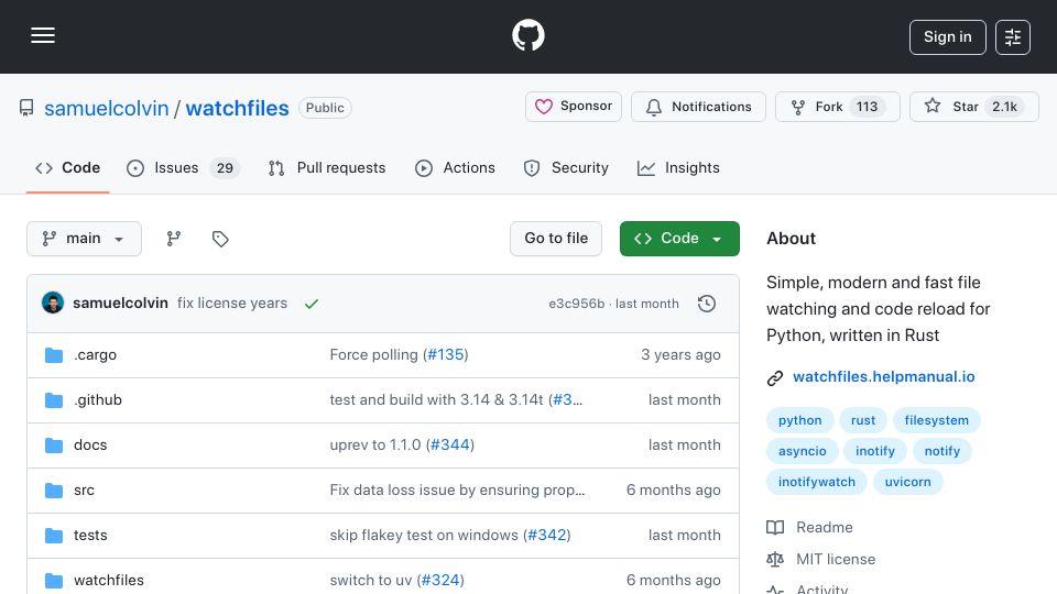 Screenshot of github.com: Watchfiles: Simple, modern and fast file watching for Python, written in Rust