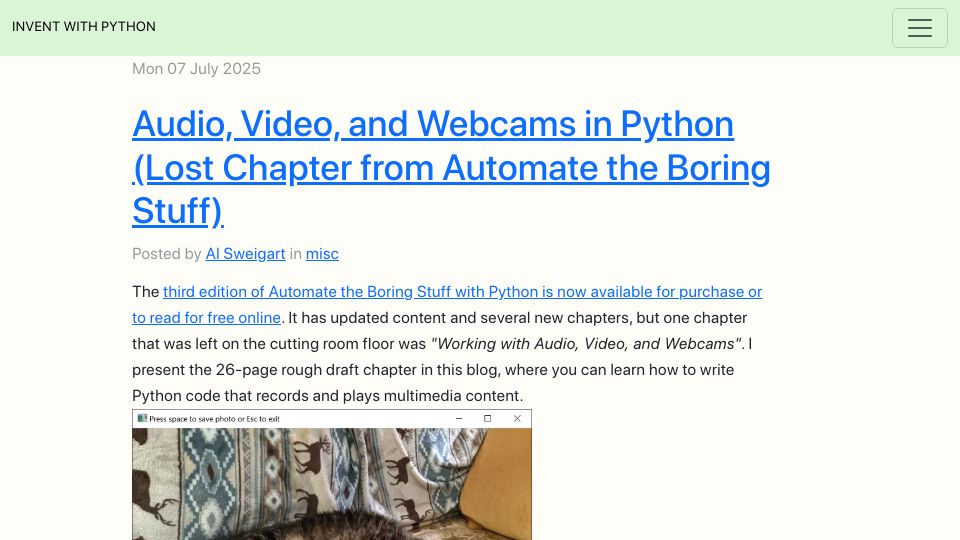 Screenshot of inventwithpython.com: Lost Chapter of Automate the Boring Stuff: Audio, Video, and Webcams in Python