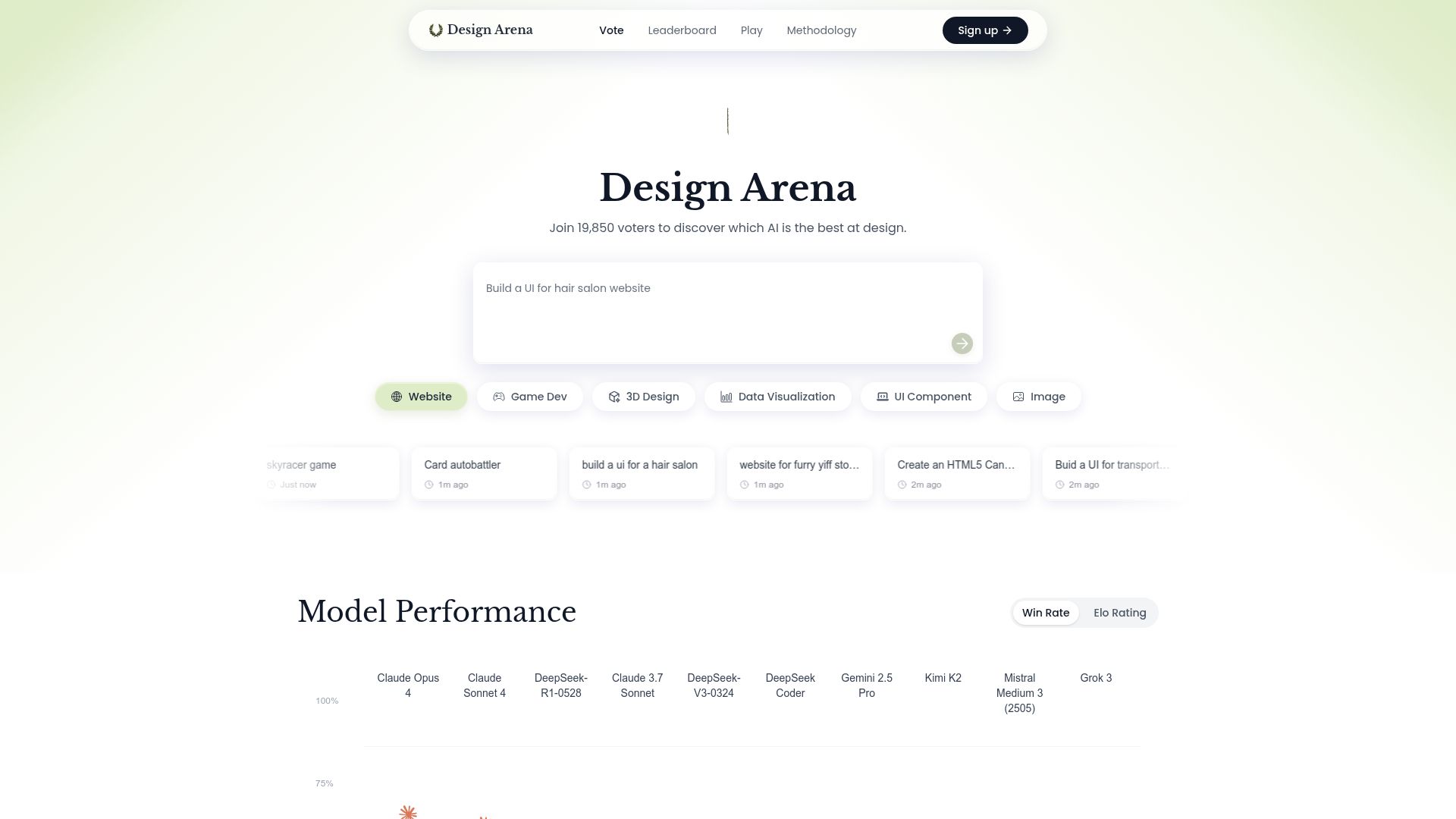 Screenshot of designarena.ai: Show HN: DesignArena – crowdsourced benchmark for AI-generated UI/UX