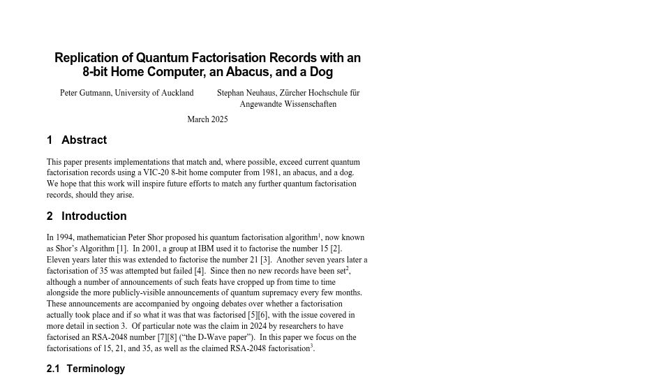 Screenshot of eprint.iacr.org: Replication of Quantum Factorisation Records with an 8-bit Home Computer [pdf]