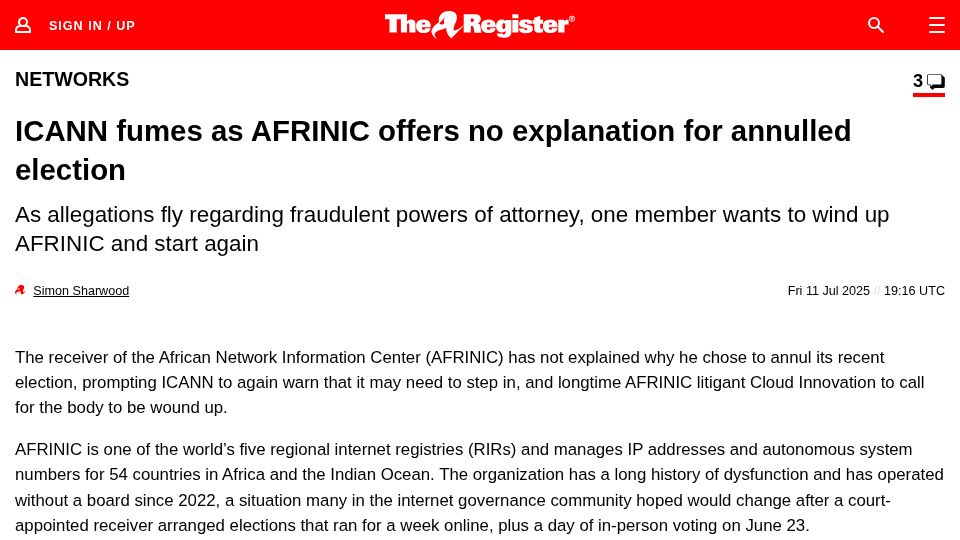 Screenshot of theregister.com: ICANN fumes as AFRINIC offers no explanation for annulled election