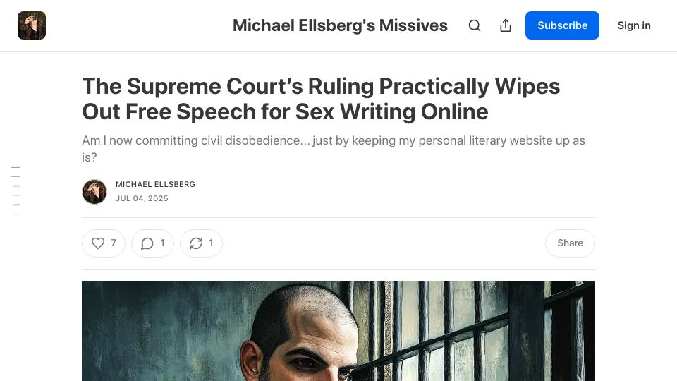Screenshot of ellsberg.substack.com: Supreme Court's ruling practically wipes out free speech for sex writing online