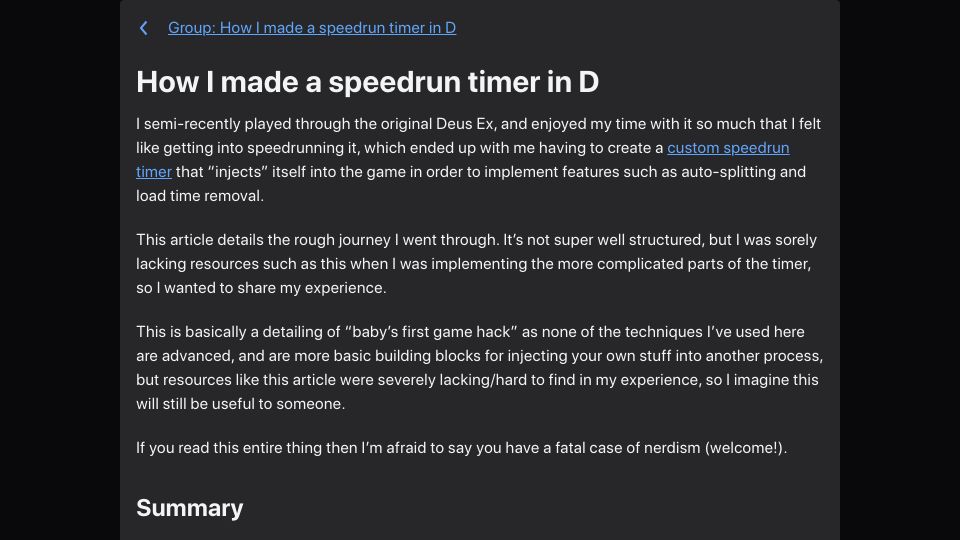 Screenshot of bradley.chatha.dev: Making a Speedrun Timer in D