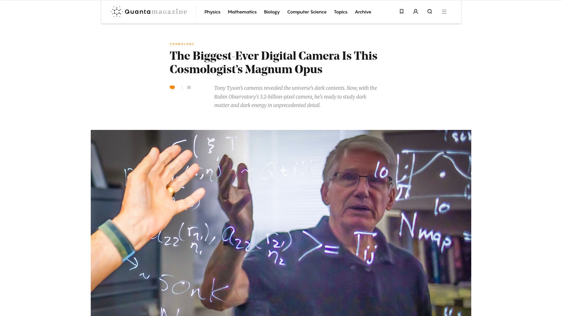Screenshot of quantamagazine.org: The Biggest-Ever Digital Camera Is This Cosmologist's Magnum Opus