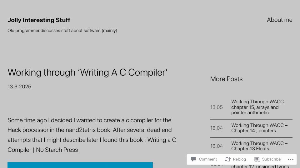 Screenshot of jollygoodsw.wordpress.com: Working through 'Writing A C Compiler'