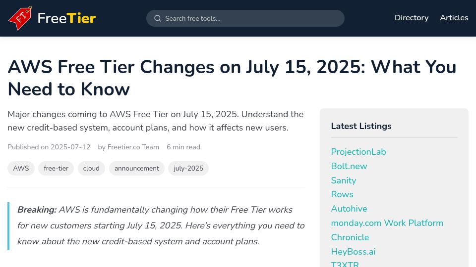 Screenshot of freetier.co: AWS Free Tier Changes on July 15, 2025