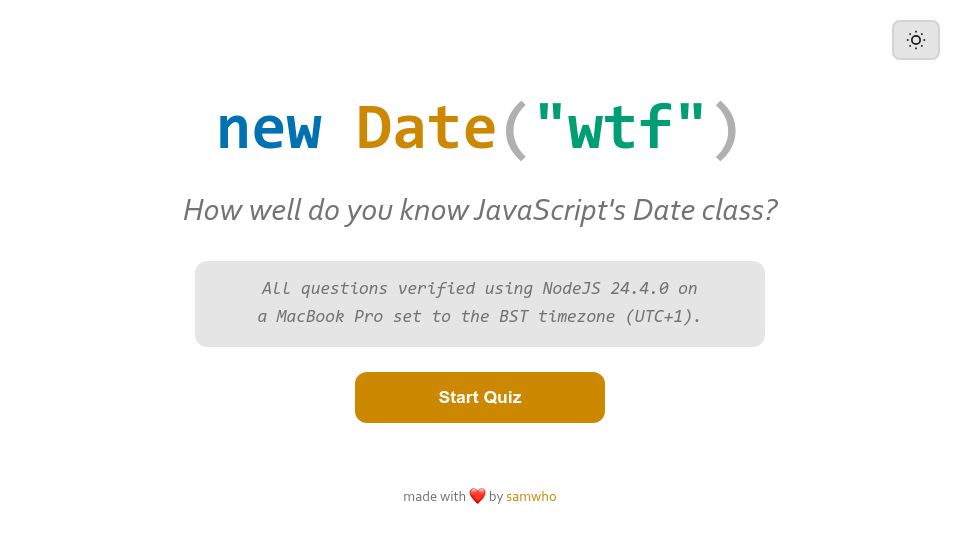 Screenshot of jsdate.wtf: New Date("wtf") – How well do you know JavaScript's Date class?