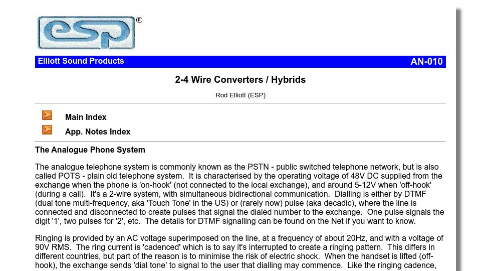 Screenshot of sound-au.com: 2-4 wire converters / hybrids (2009)