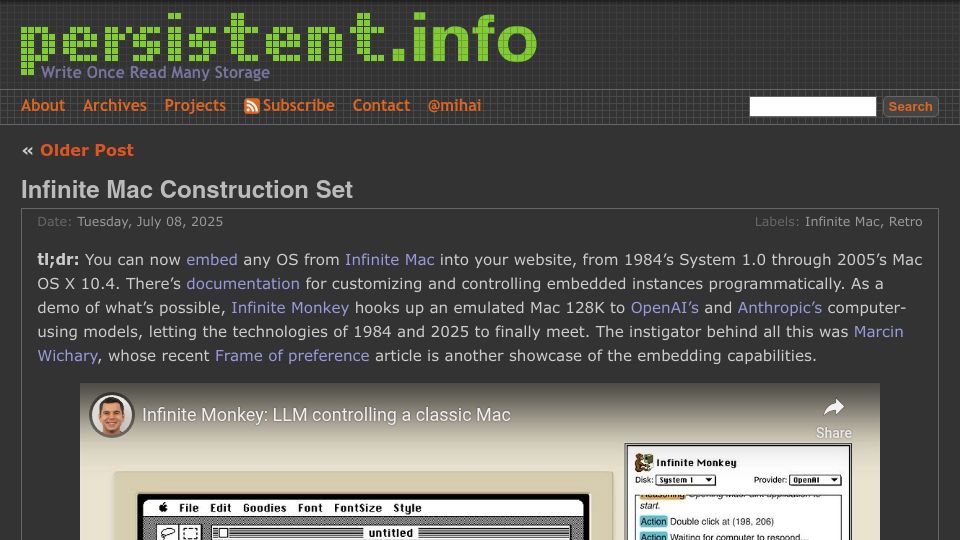 Screenshot of blog.persistent.info: Infinite Mac Construction Set