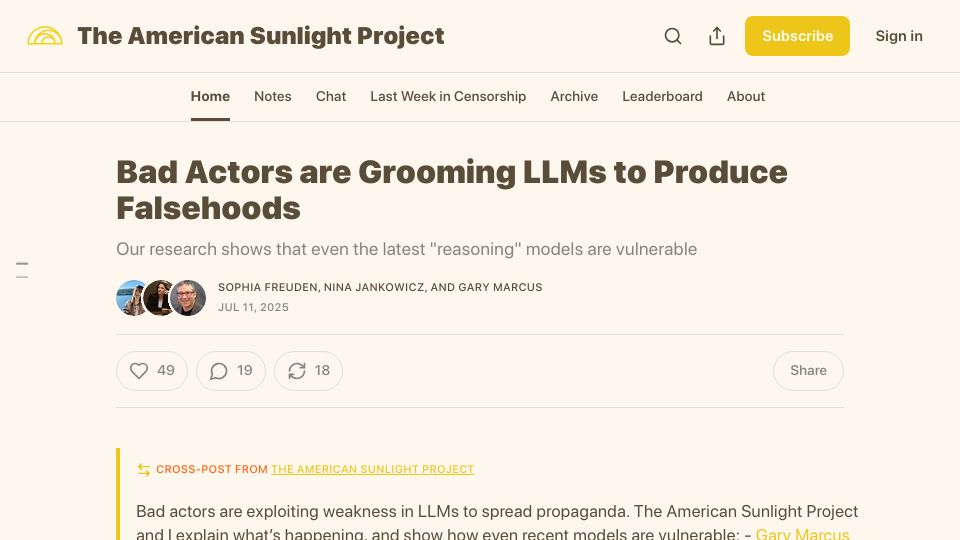 Screenshot of americansunlight.substack.com: Bad Actors Are Grooming LLMs to Produce Falsehoods