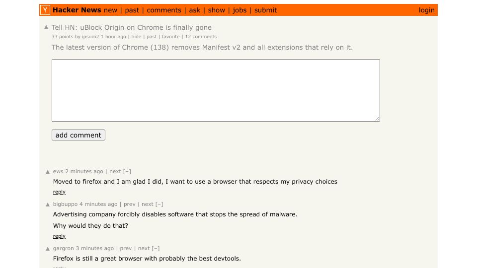Screenshot of Hacker News post: Tell HN: uBlock Origin on Chrome is finally gone