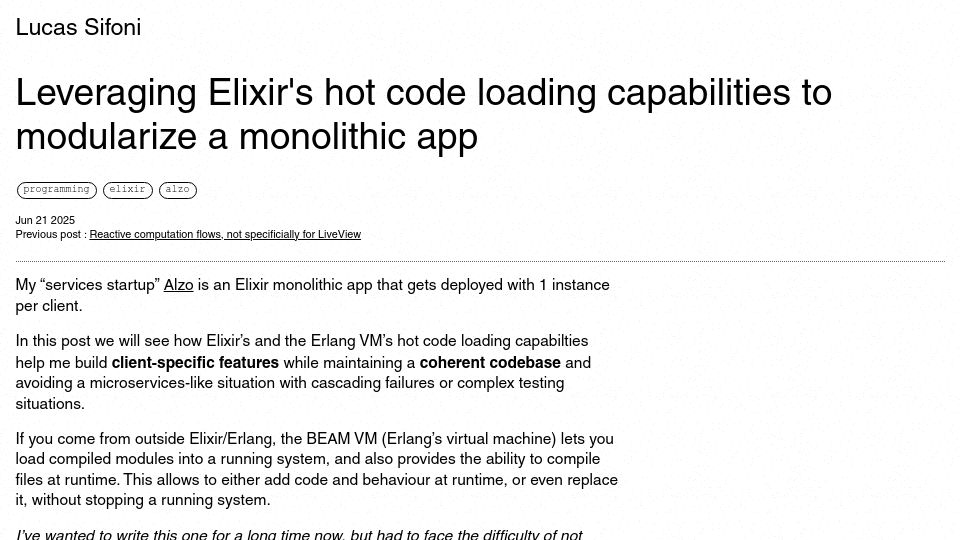 Screenshot of lucassifoni.info: Leveraging Elixir's hot code loading capabilities to modularize a monolithic app