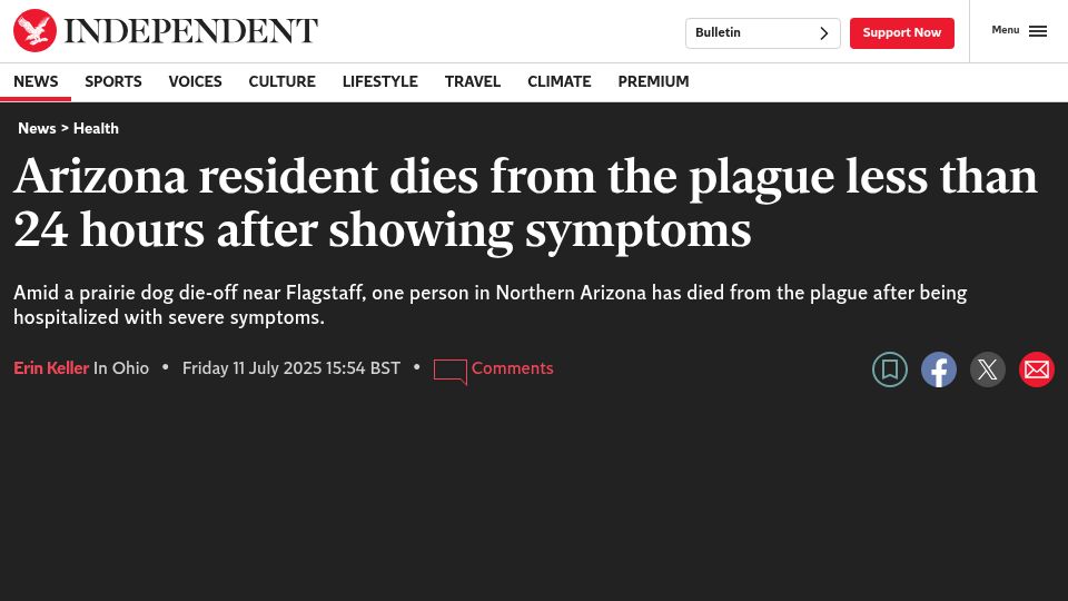 Screenshot of independent.co.uk: Arizona resident dies from the plague less than 24 hours after showing symptoms