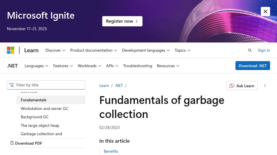Screenshot of learn.microsoft.com: Fundamentals of garbage collection (2023)