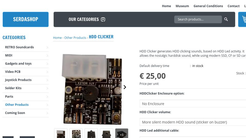 Screenshot of serdashop.com: HDD Clicker generates HDD clicking sounds, based on HDD Led activity