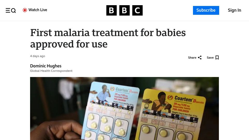 Screenshot of bbc.com: First malaria treatment for babies approved for use