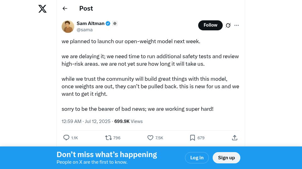 Screenshot of twitter.com: OpenAI delays launch of open-weight model