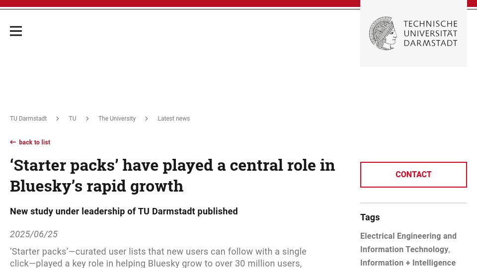 Screenshot of tu-darmstadt.de: 'Starter packs' have played a central role in Bluesky's rapid growth