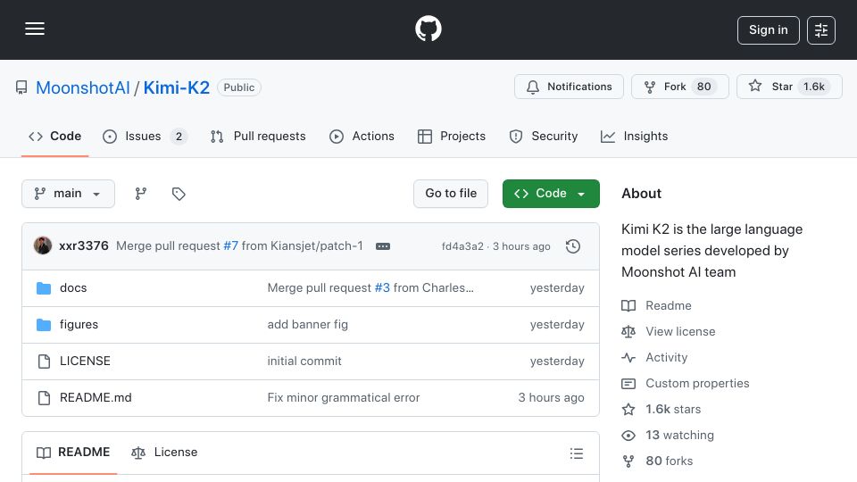 Screenshot of github.com: Kimi K2 is a state-of-the-art mixture-of-experts (MoE) language model