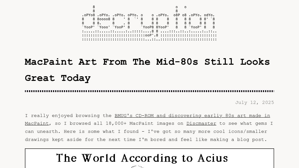 Screenshot of blog.decryption.net.au: MacPaint Art from the Mid-80s Still Looks Great Today