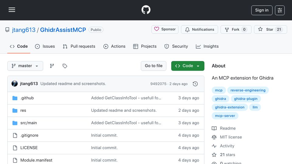 Screenshot of github.com: A better Ghidra MCP server – GhidrAssistMCP