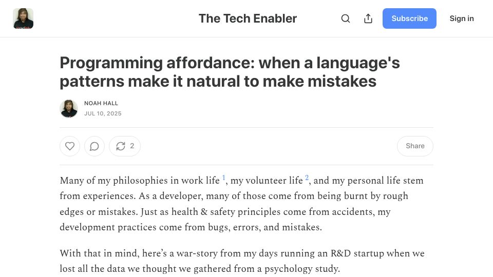 Screenshot of thetechenabler.substack.com: Programming Affordances That Invite Mistakes