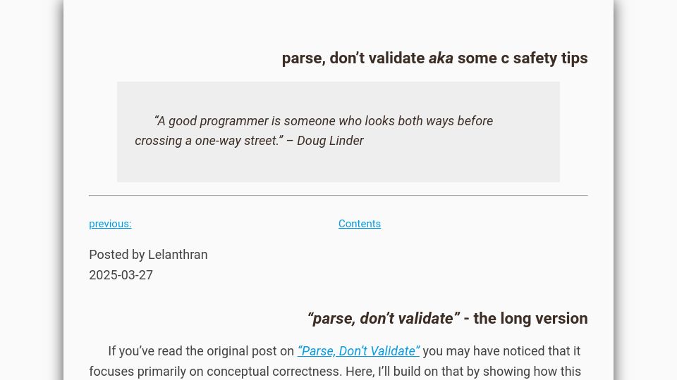 Screenshot of lelanthran.com: Parse, Don’t Validate – Some C Safety Tips