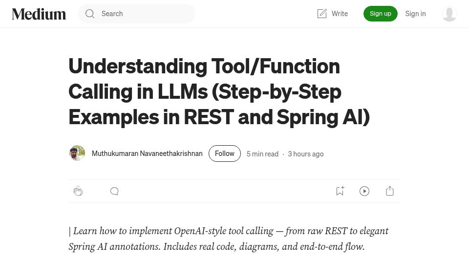 Screenshot of muthuishere.medium.com: Understanding Tool Calling in LLMs – Step-by-Step with REST and Spring AI
