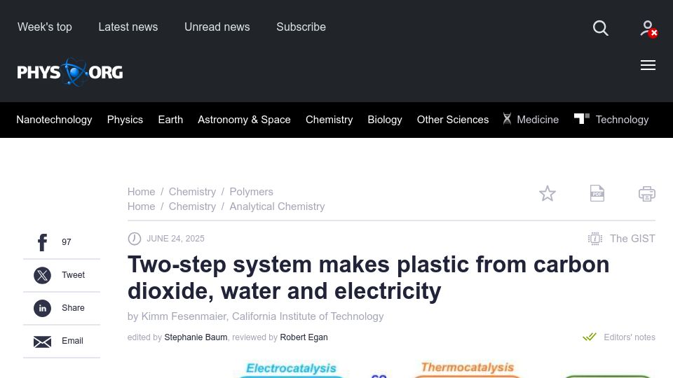 Screenshot of phys.org: Two-step system makes plastic from carbon dioxide, water and electricity