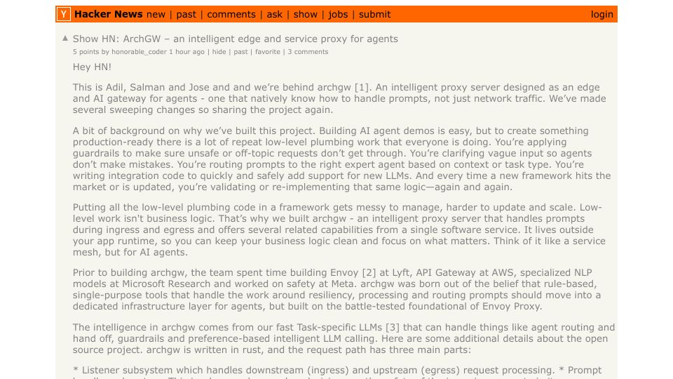 Screenshot of github.com: Show HN: ArchGW – An intelligent edge and service proxy for agents