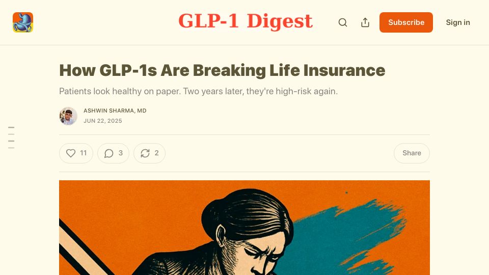 Screenshot of glp1digest.com: GLP-1s are breaking life insurance