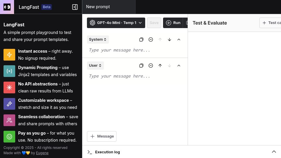 Screenshot of langfa.st: Show HN: I made a JSFiddle-style playground to test and share prompts fast