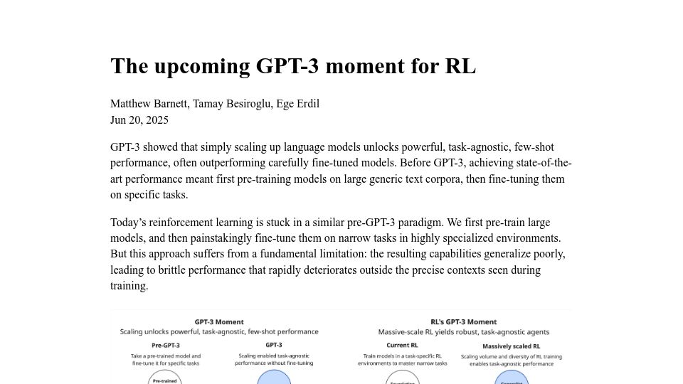 Screenshot of mechanize.work: The upcoming GPT-3 moment for RL