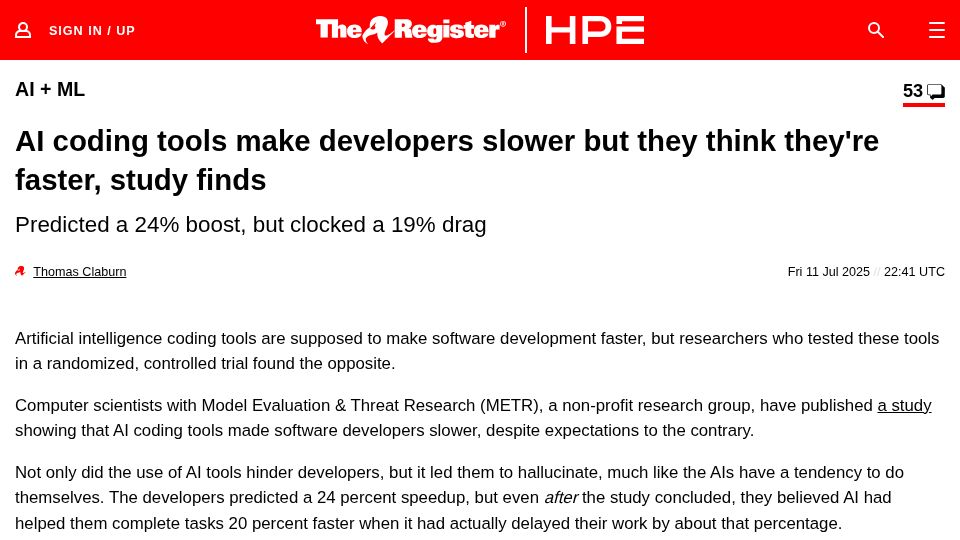 Screenshot of theregister.com: AI coding tools make developers slower but they think they're faster study finds