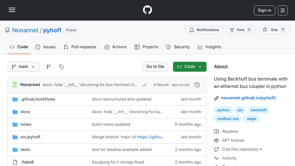 Screenshot of github.com: Show HN: Pyhoff – Connect Python ML Models to Beckhoff/WAGO IO Hardware