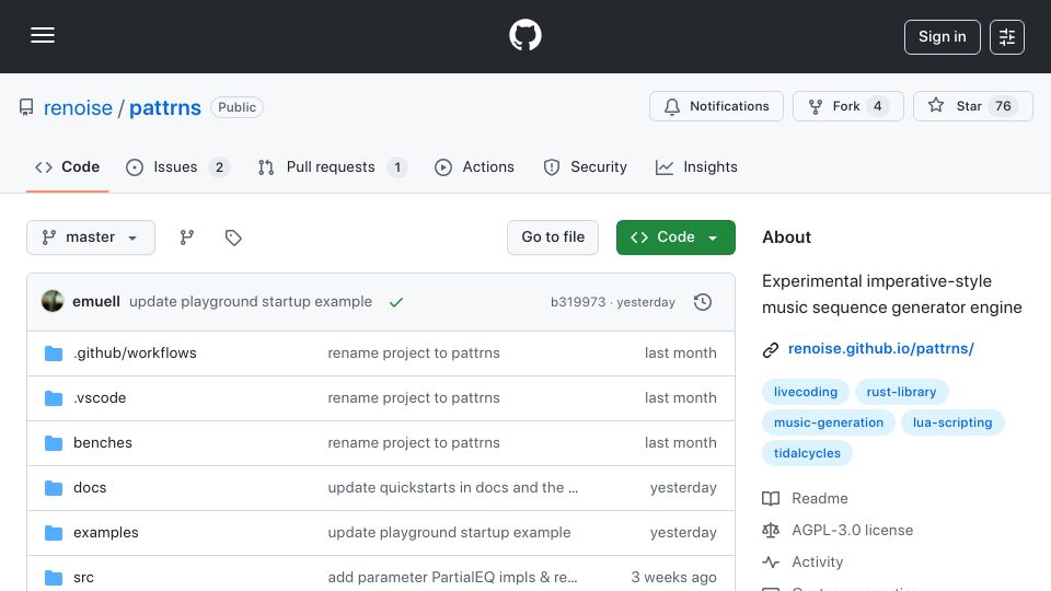 Screenshot of github.com: Experimental imperative-style music sequence generator engine