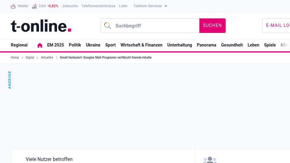 Screenshot of t-online.de: Gmail AI hallucinates, distorts email contents