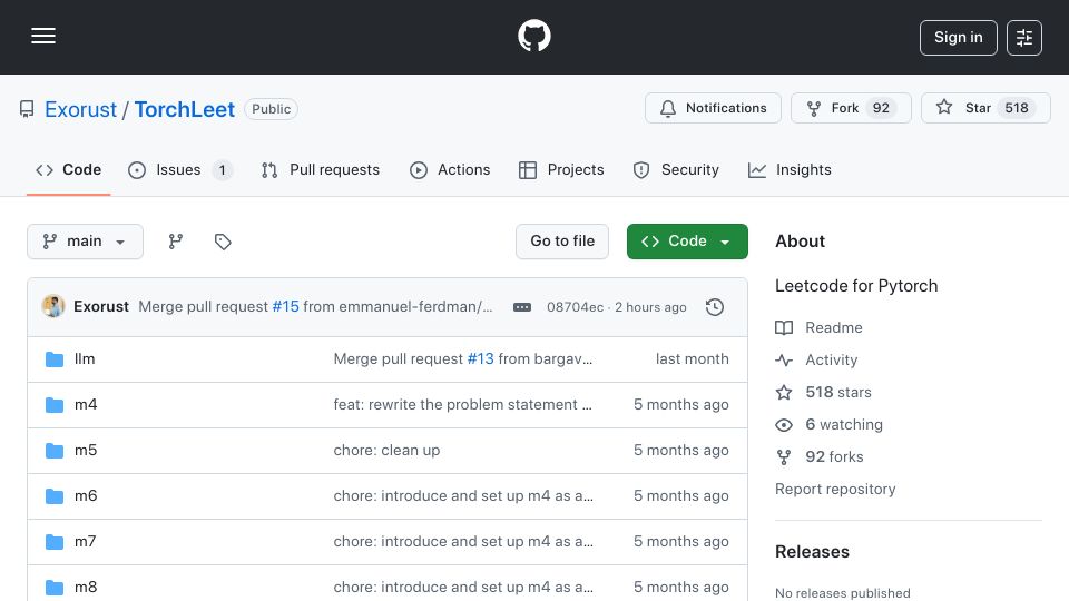 Screenshot of github.com: Show HN: Learn LLMs LeetCode Style