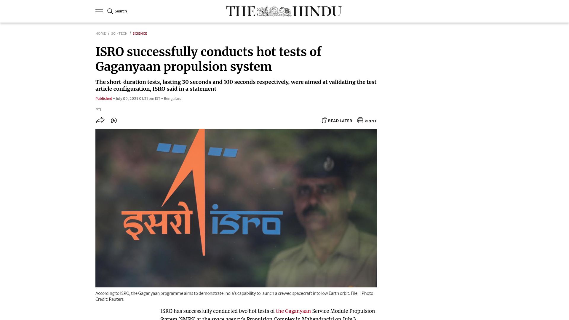 Screenshot of thehindu.com: ISRO successfully conducts hot tests of Gaganyaan propulsion system