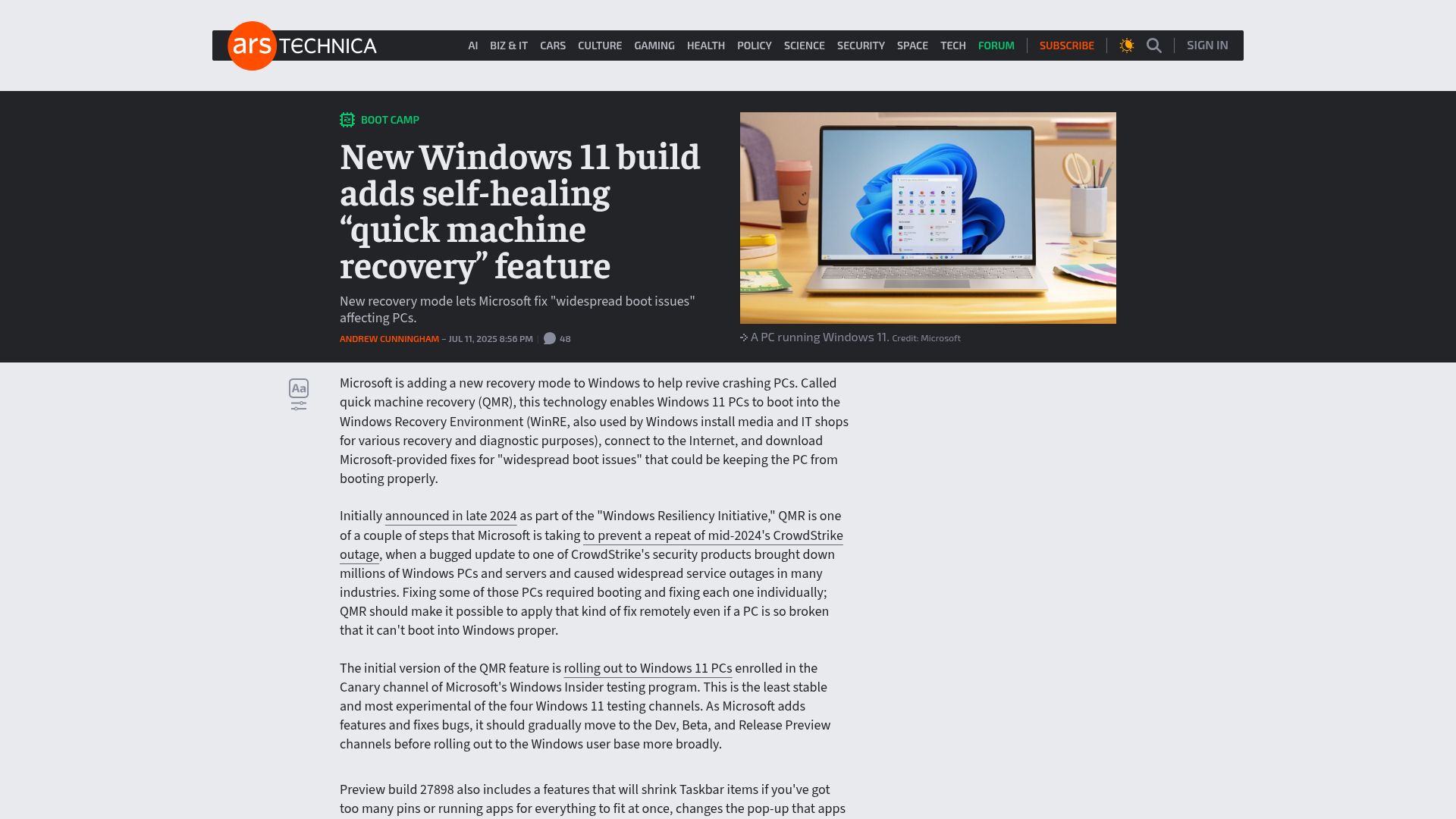 Screenshot of arstechnica.com: New Windows 11 build adds self-healing "quick machine recovery" feature