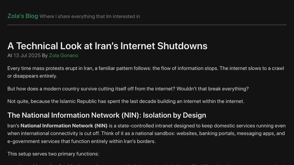 Screenshot of zola.ink: A technical look at Iran's internet shutdowns