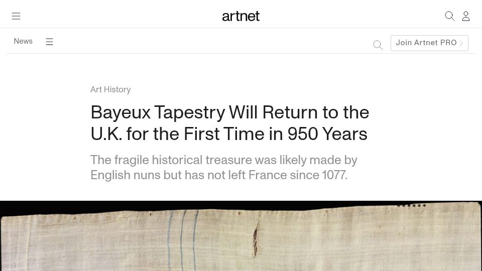Screenshot of news.artnet.com: Bayeux Tapestry Will Return to the U.K. In 950 Years