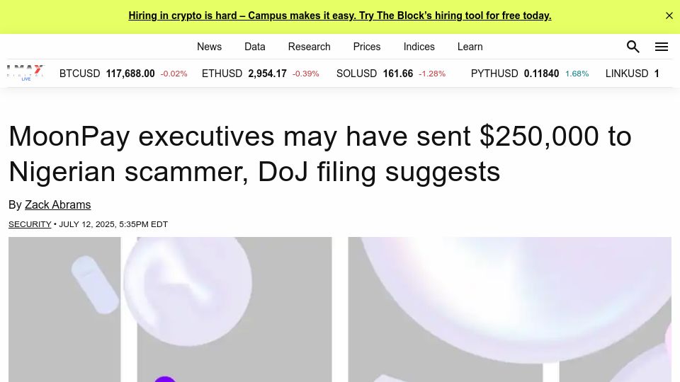 Screenshot of theblock.co: MoonPay executives may have sent $250k to Nigerian scammer