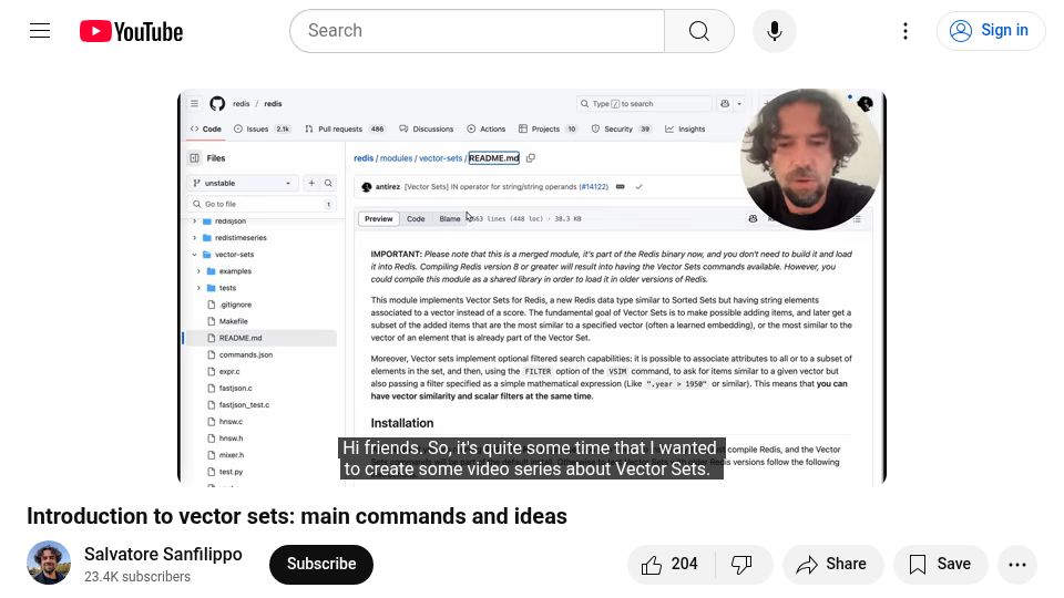 Screenshot of youtube.com: HNSW as abstract data structure: video intro to Redis vector sets [video]