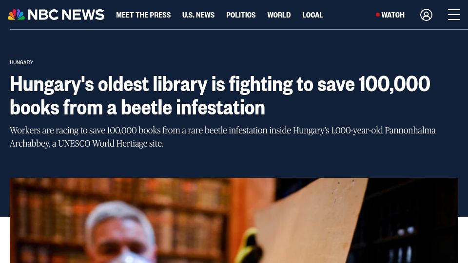 Screenshot of nbcnews.com: Hungary's oldest library fighting to save 100k books from a beetle infestation
