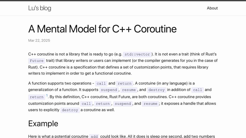 Screenshot of uvdn7.github.io: A Mental Model for C++ Coroutine